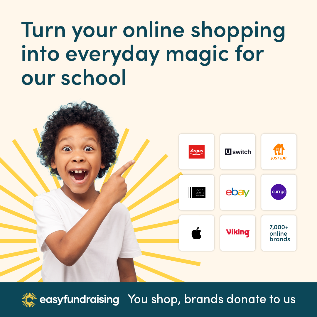 Easy fundraising graphic, a boy pointing to some brand logos showing how easy it is to raise money 