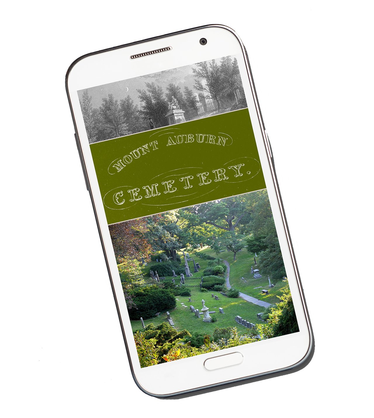 A photograph of a smartphone with a cemetery mobile app displayed on the screen