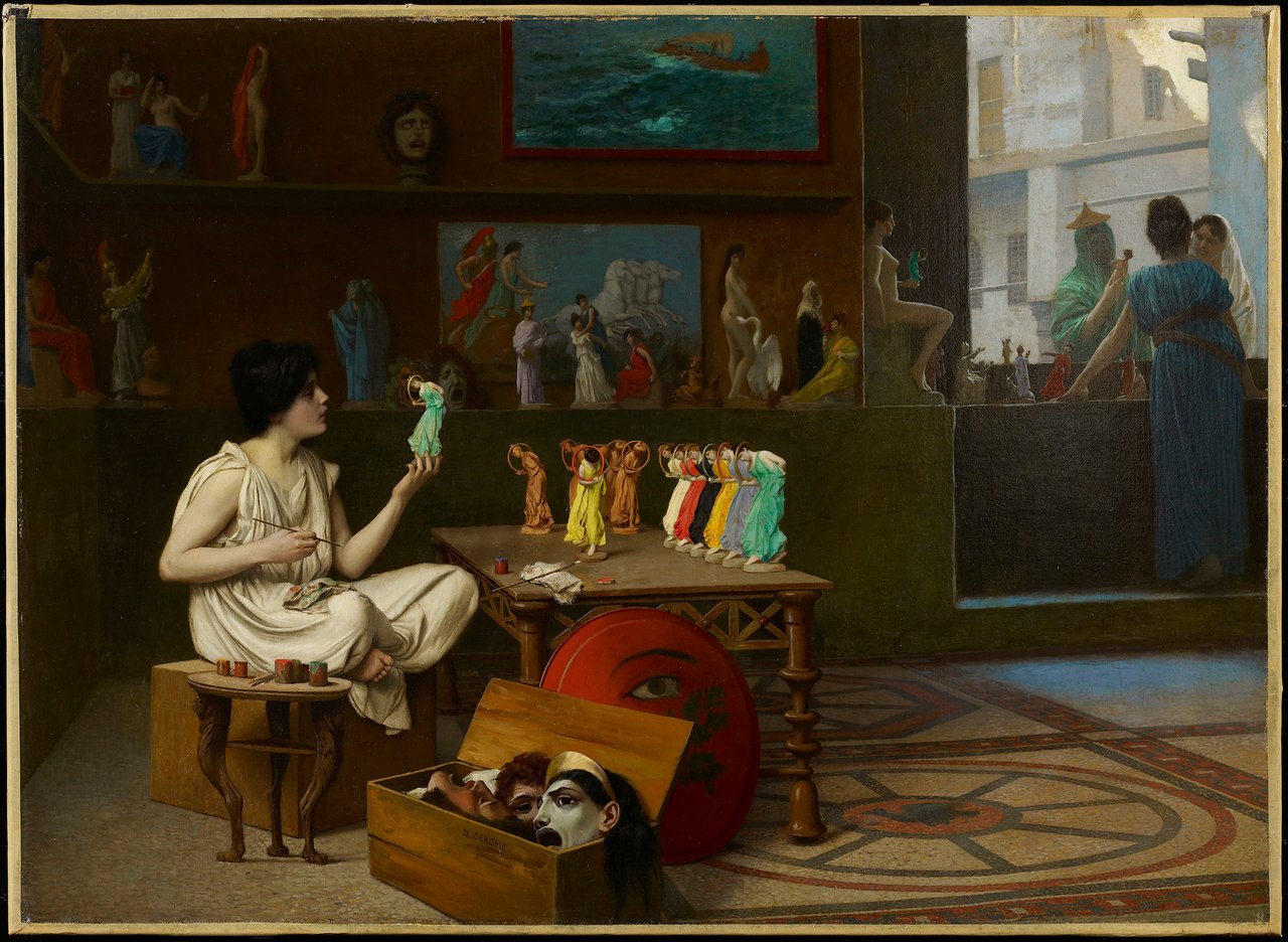 An oil painting of a woman in Ancient Greece sitting at a table painting figurines