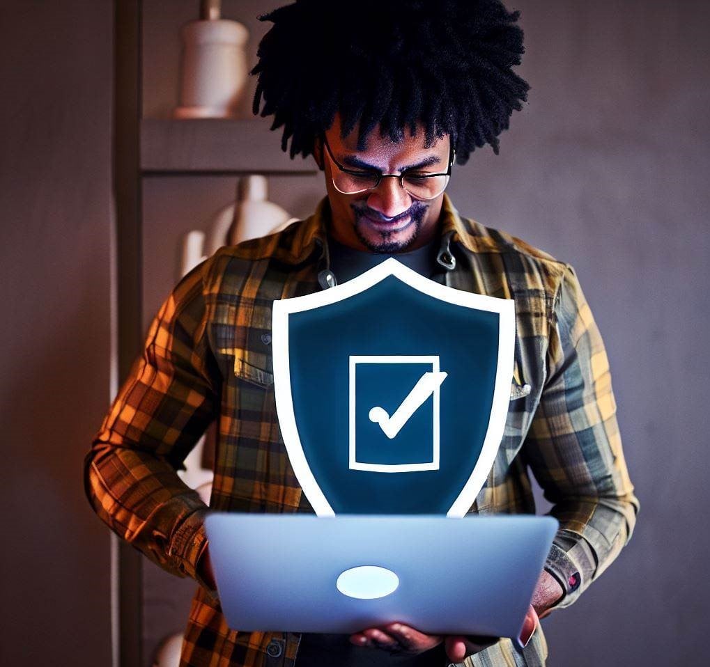a man holding a laptop with a  Digital  shield