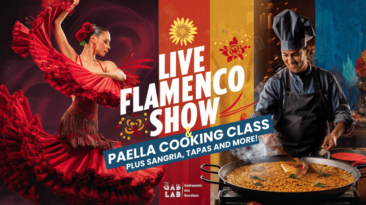 Flamenco dancer in a red dress with a chef making paella