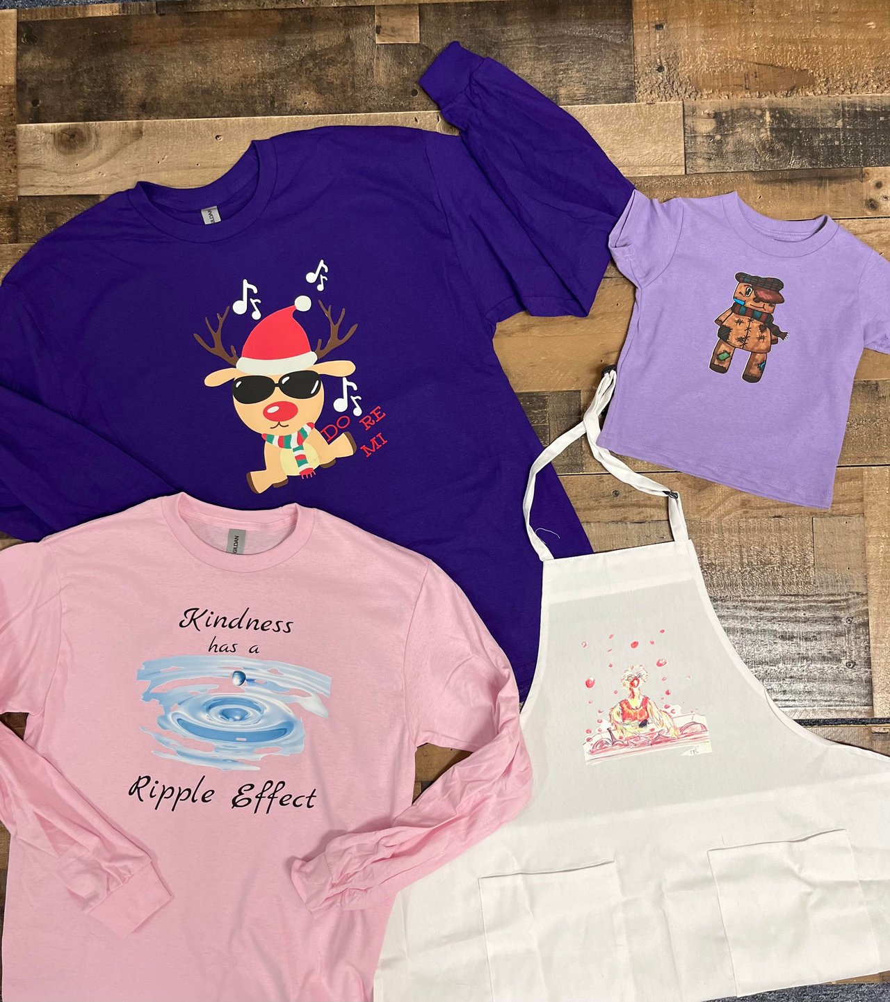 original designs on shirts and apron for all sizes/ages/seasons.
