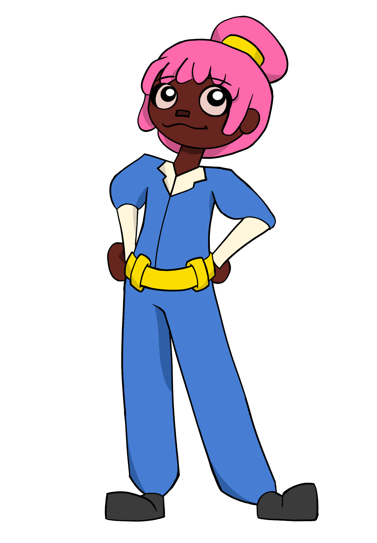 a pink haired brown character with a blue jumpsuit and yellow toolbelt, hands on his hips with a content expression 