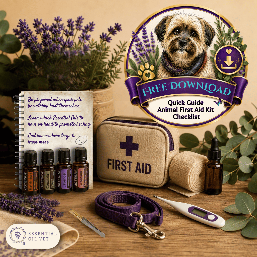 FREE PDF - Animal First Aid Kit Checklist. With this One Page Quick Guide you will: Be prepared when your pets (inevitably) hurt themselves Learn which Essential Oils to have on hand to promote healing AND know where to go to learn more.