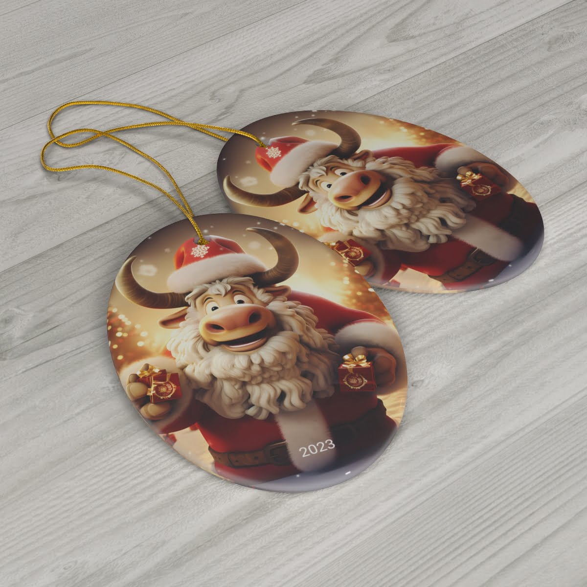 Ceramic Ornament featuring "The Ox" on both sides and the year 2023 on the front.