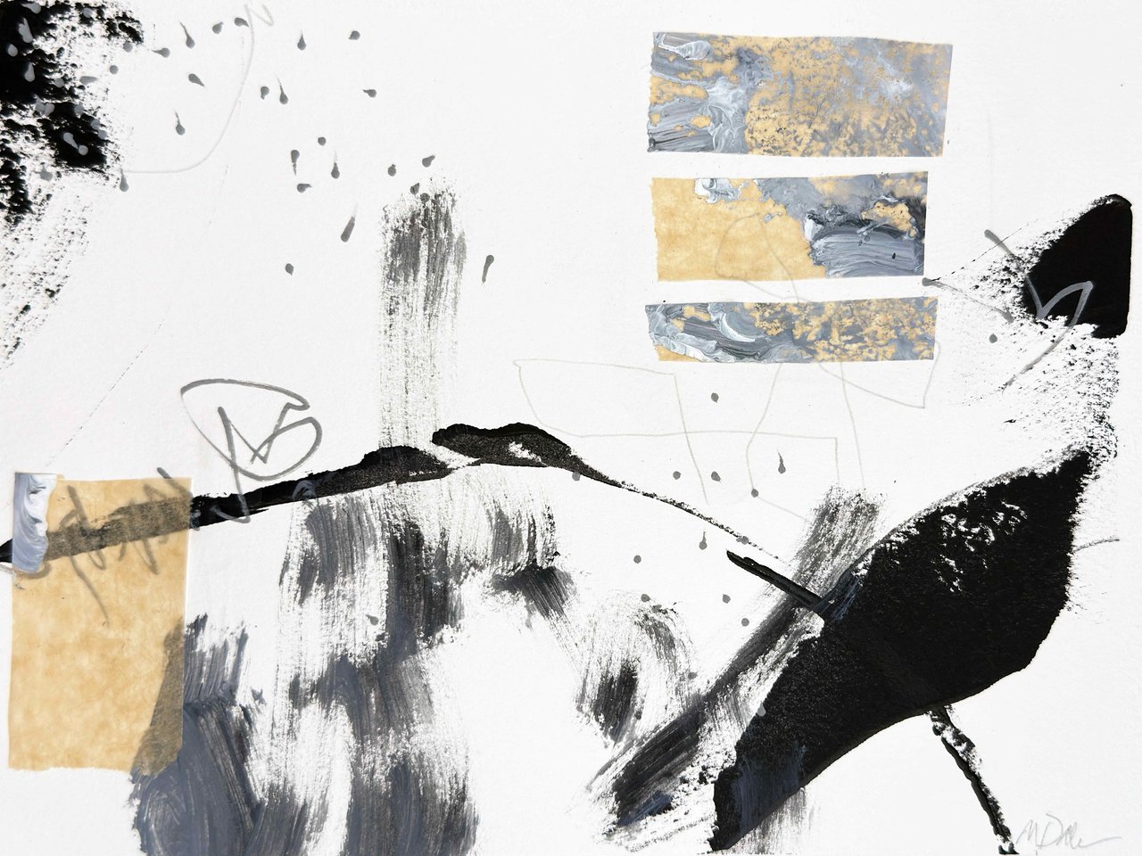 contemporary black white and ochre, mixed media