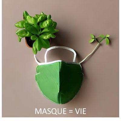 Image d'un masque FFP2  vert dont les élastiques se terminent par des petites pousses vertes. En dessous on peut lire Masque = Vie