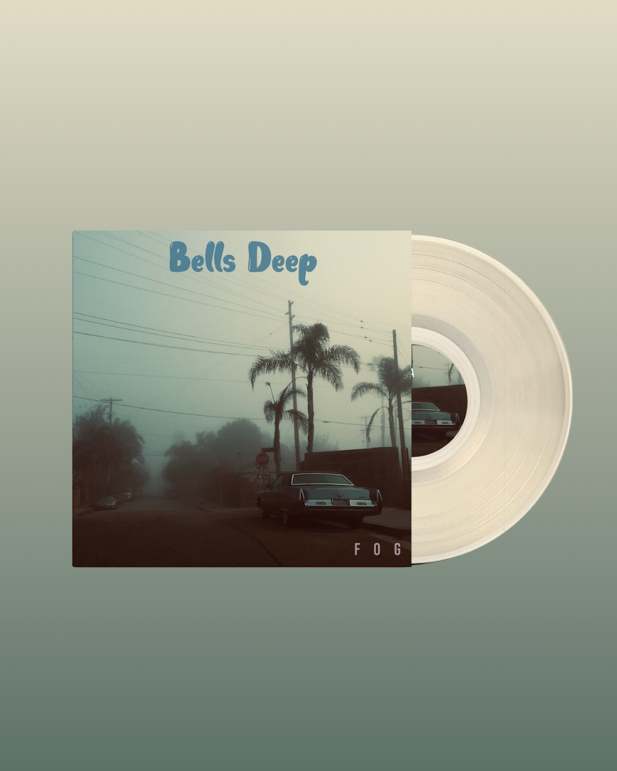 A semi-translucent vinyl LP protruding from an album cover featuring a foggy street scene in Venice, California