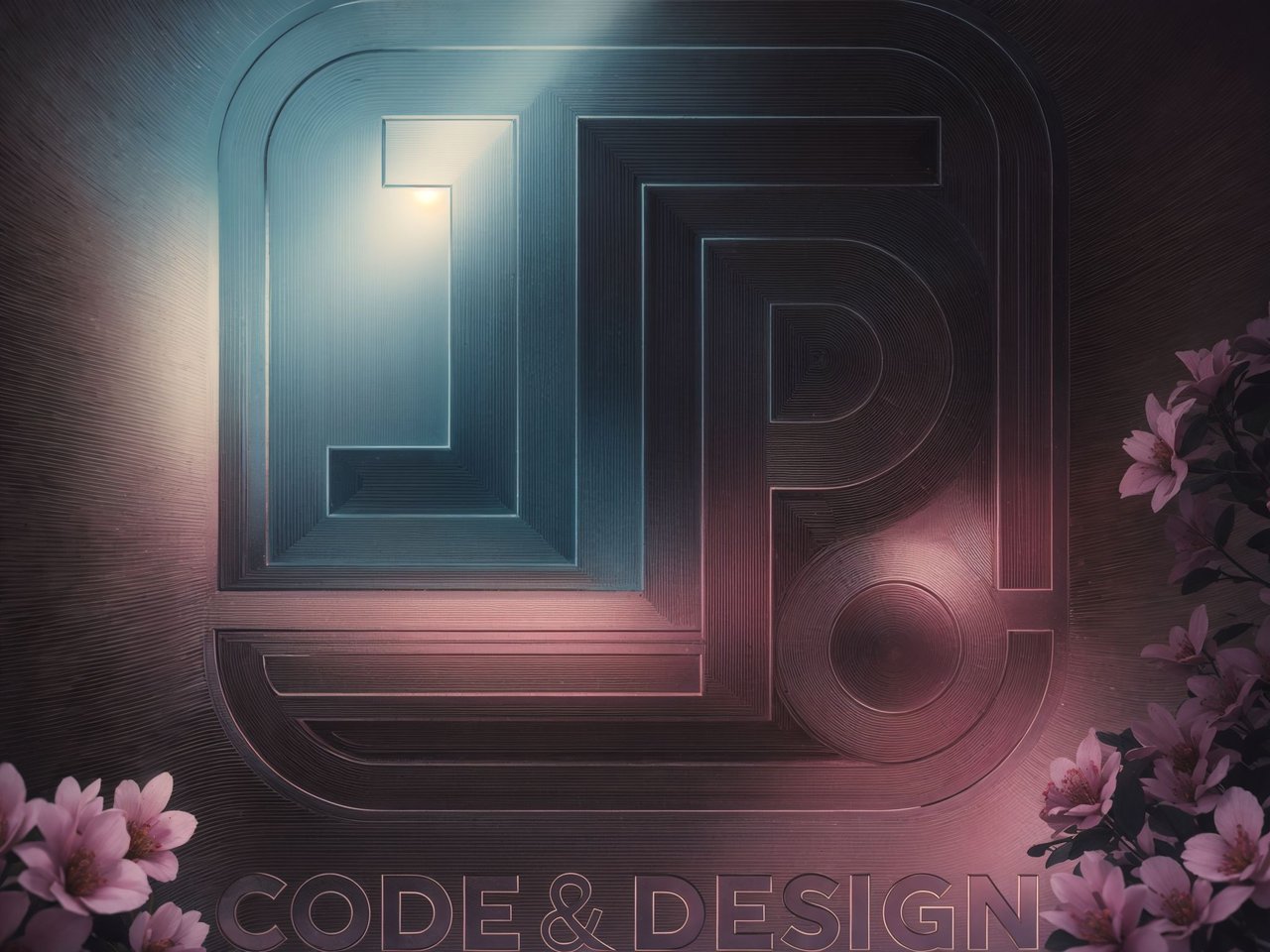 Logo redesign of jpscodedesign original logo. JP on a silver plate, surrounded by pink flowers.