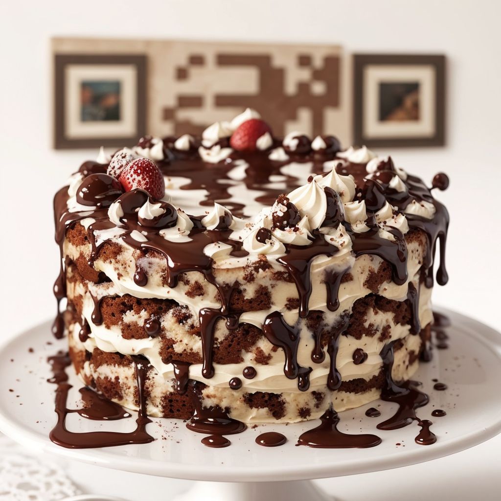 Vanilla and chocolate, chocolate drizzle creating the image of a QR code.