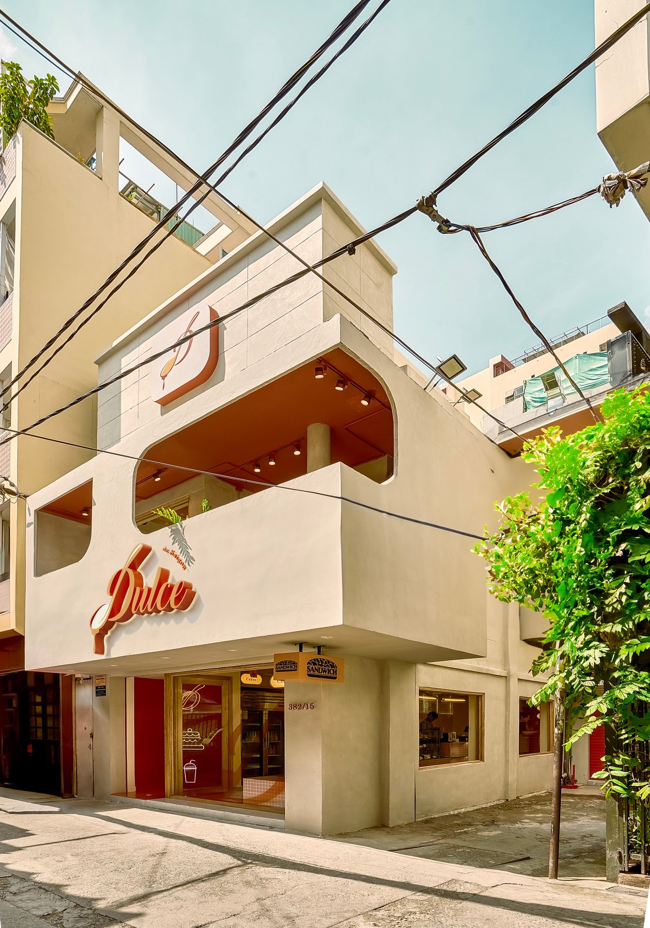 A beautiful, pink and orange pasteled bakery building