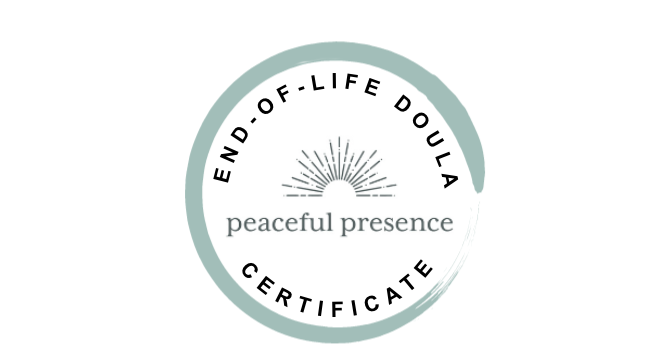 Counter-clockwise unclosed circle painted in light green ink. Inside is "End-of-Life Doula Certificate" and the Paeceful Presnsce Project logo, which is a white half-disk surrounded by dotted lines reaching outward as if the rays of sun at sunset.