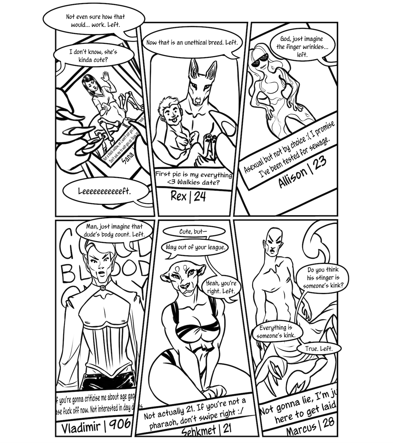 Second page preview of Smythen #1, a grid of 6 overhead shots of Elliott's phone as he swipes on various mythical beings on the Smythen app.