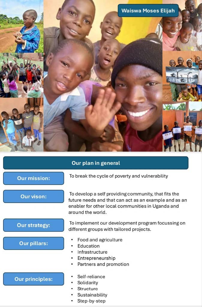 An image of various pictures of the founder of FCFCH and the children he cares for along with in-depth descriptions of the mission, vision, strategy, pillars, and principles