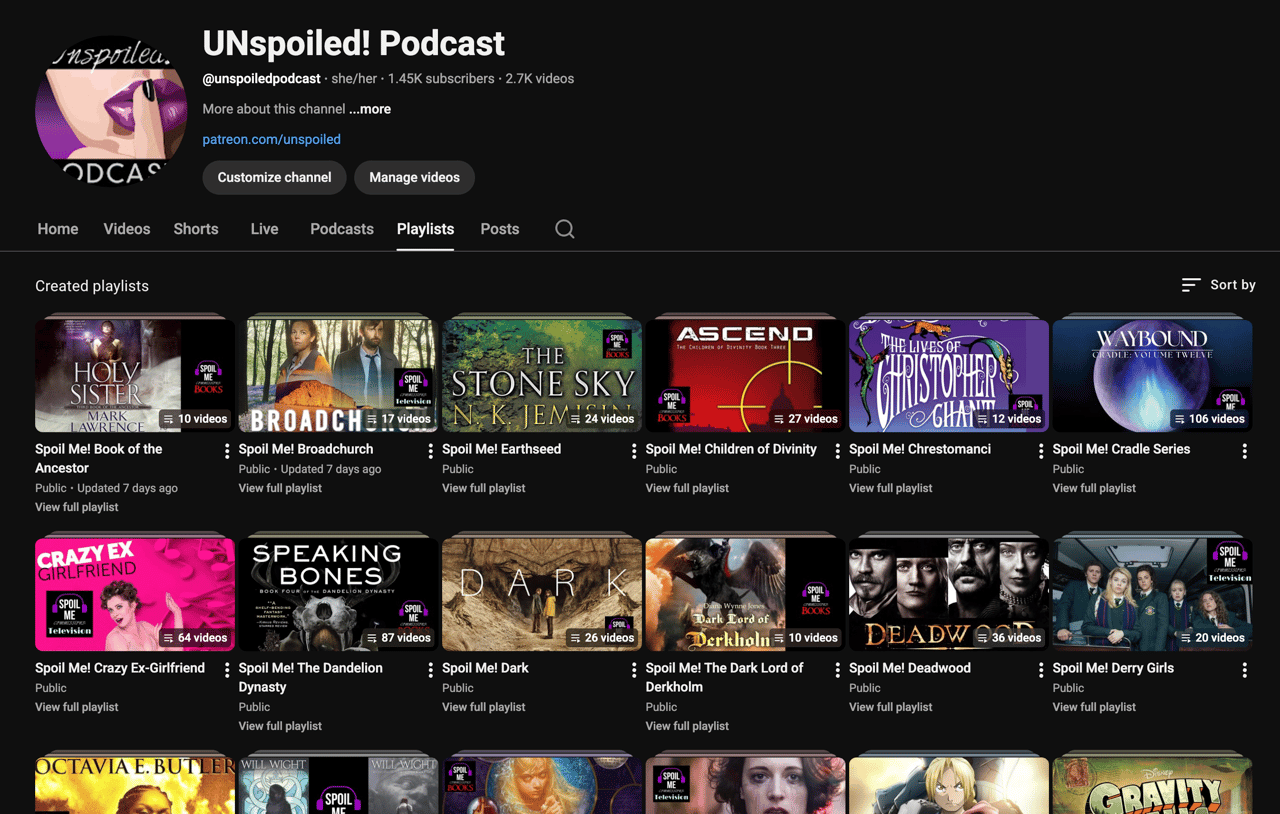 A screenshot of UNspoiled's YouTube Playlists
