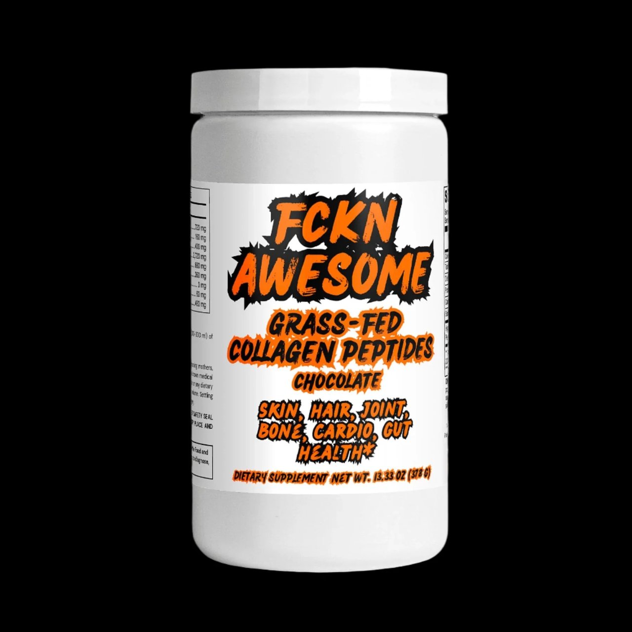 A white container of dietary supplement powder labeled "FCKN AWESOME Grass-Fed Collagen Peptides" in bold, graffiti-style orange and black text. The chocolate-flavored supplement is marketed for "Skin, Hair, Joint, Bone, Cardio, Gut Health." The net weight is 13.33 oz (378 g), and the black background makes the label stand out prominently.