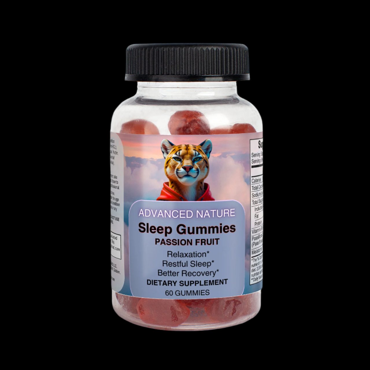 Photo of the ADVANCED NATURE's transparent plastic container filled with vibrant red, passion fruit–flavored sleep gummies. The packaging features playful yet modern graphics, including a stylized cougar wearing a red hoodie as part of the logo. The design highlights the product’s focus on promoting restful sleep, relaxation and better recovery with natural, delicious ingredients. The container contains 60 gummies.