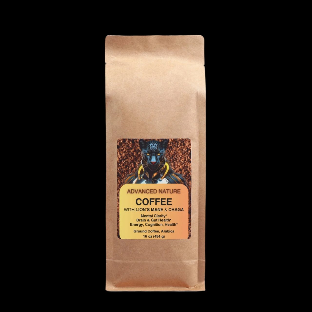 Photo of the ADVANCED NATURE's paper coffee bag with a modern design. The label features a human-like black panther in a futuristic suit, conveying strength and alertness. The text highlights "Arabica Ground Coffee with Lion's Mane & Chaga," which aims to enhance mental clarity, brain and gut health, energy, cognition, and health. Provides 45 cups per bag in 16 oz (454 grams).