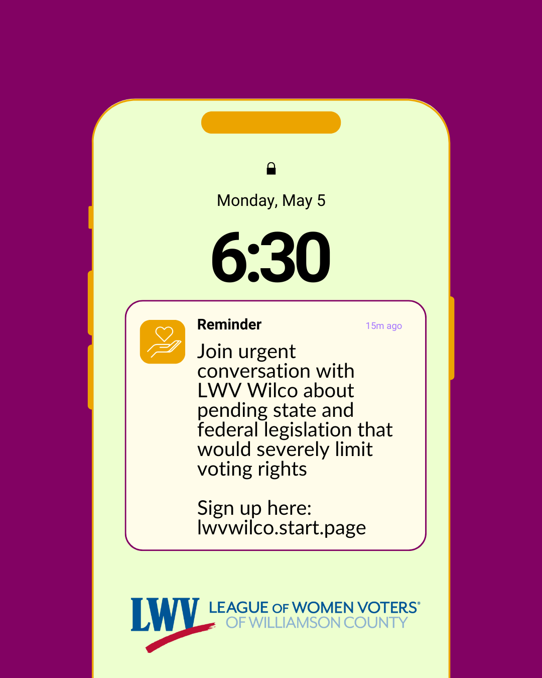  You are invited to an URGENT community conversation  about the SAVE Act and the Texas version of the SAVE Act on Monday, May  5, at 6:30 pm, hosted by League of Women Voters of Williamson County. We will discuss the latest information about how this legislation will affect us, and share actions you can take.   Sign up below to receive an email with the Zoom link prior to the meeting.   Can’t join us on Monday? Sign up and we will send you the recording afterwards. 
