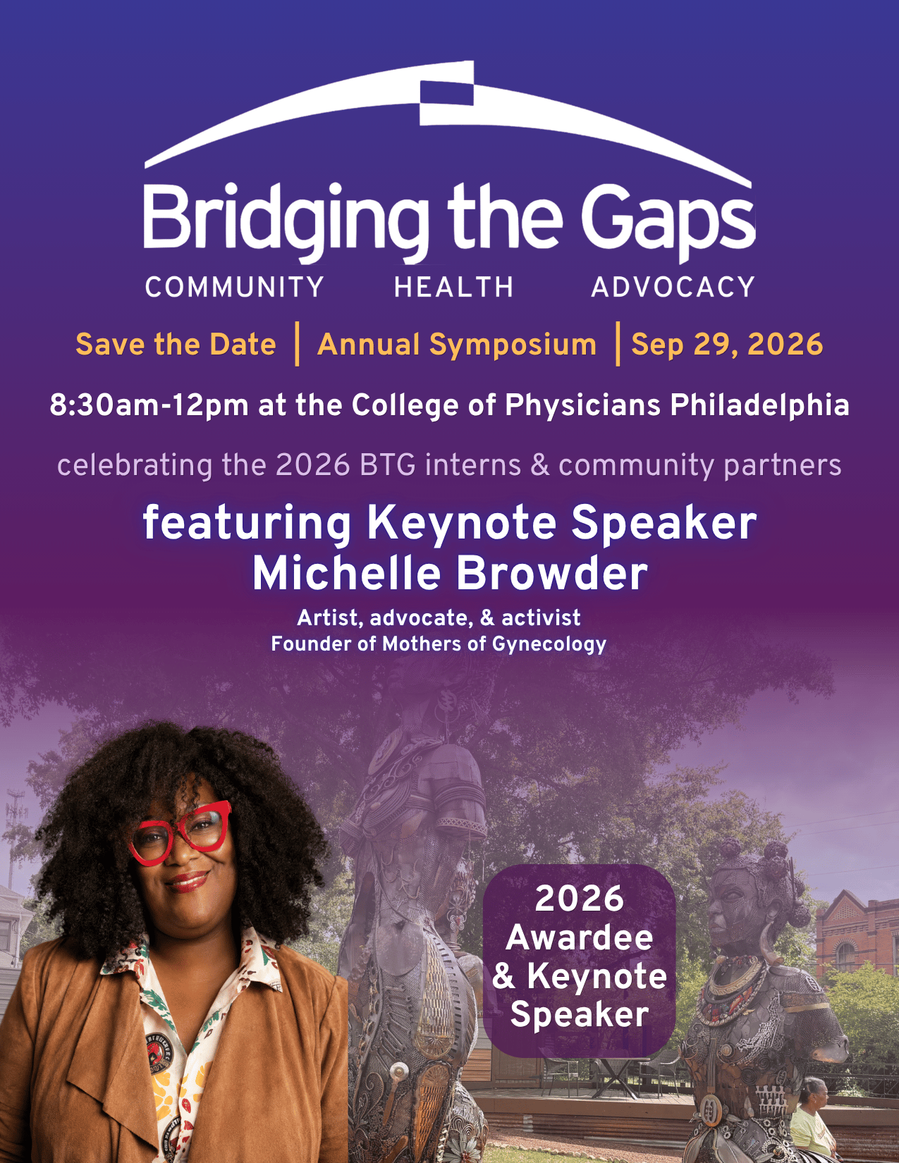 Graphic showing Michelle Browder, the keynote speaker for the 2026 annual symposium of Bridging the Gaps