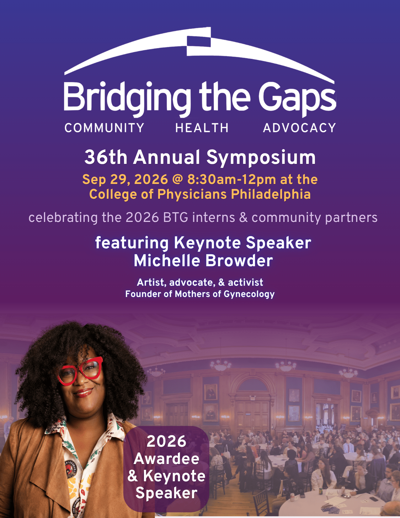 Graphic showing Michelle Browder, the keynote speaker for the 2026 annual symposium of Bridging the Gaps