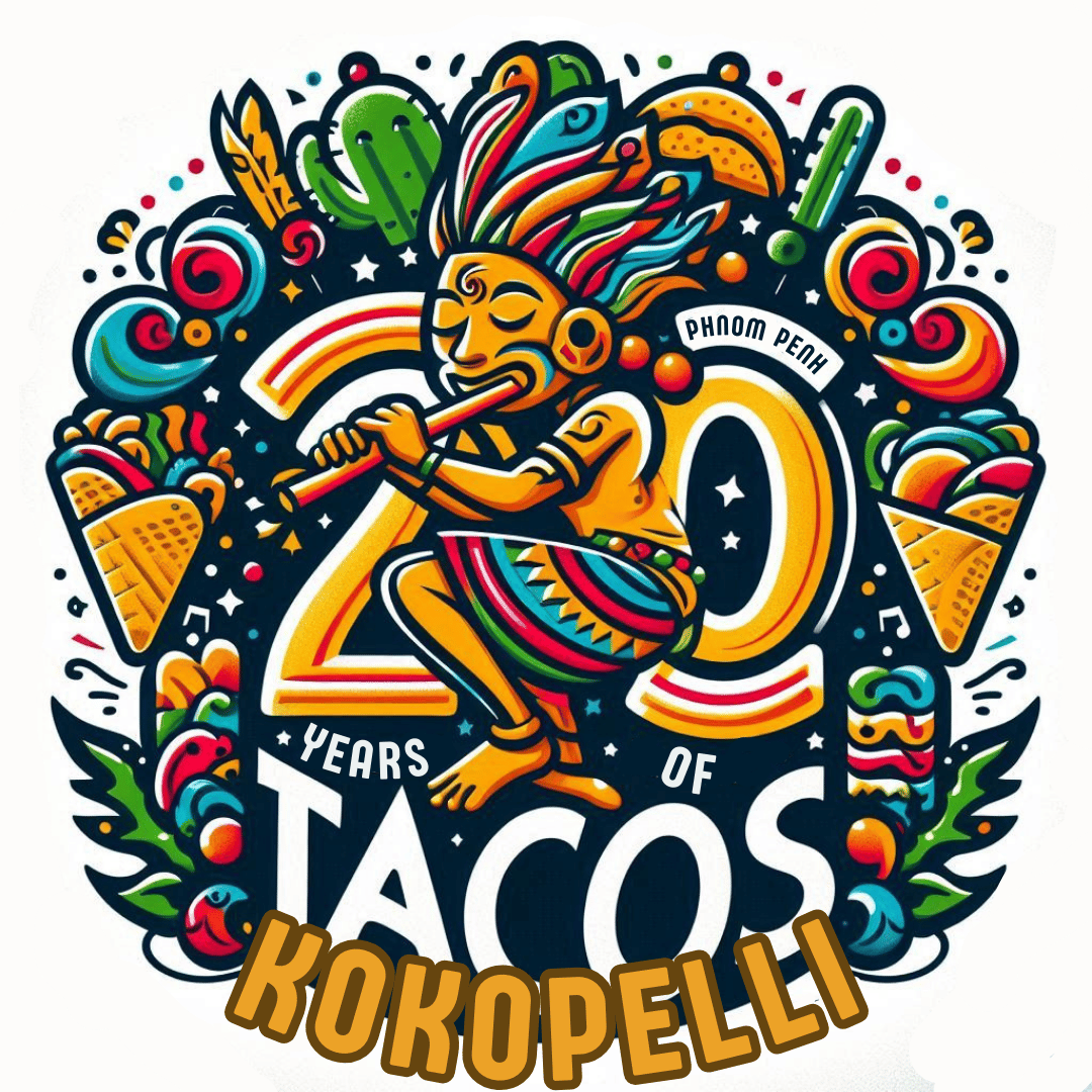 A logo "20 years of tacos" with Kokopelli kneeling infront playing his pipe