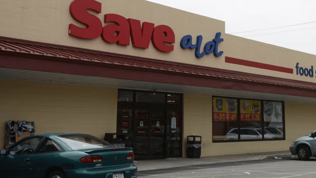 Wide shot of the exterior of a Save a Lot store