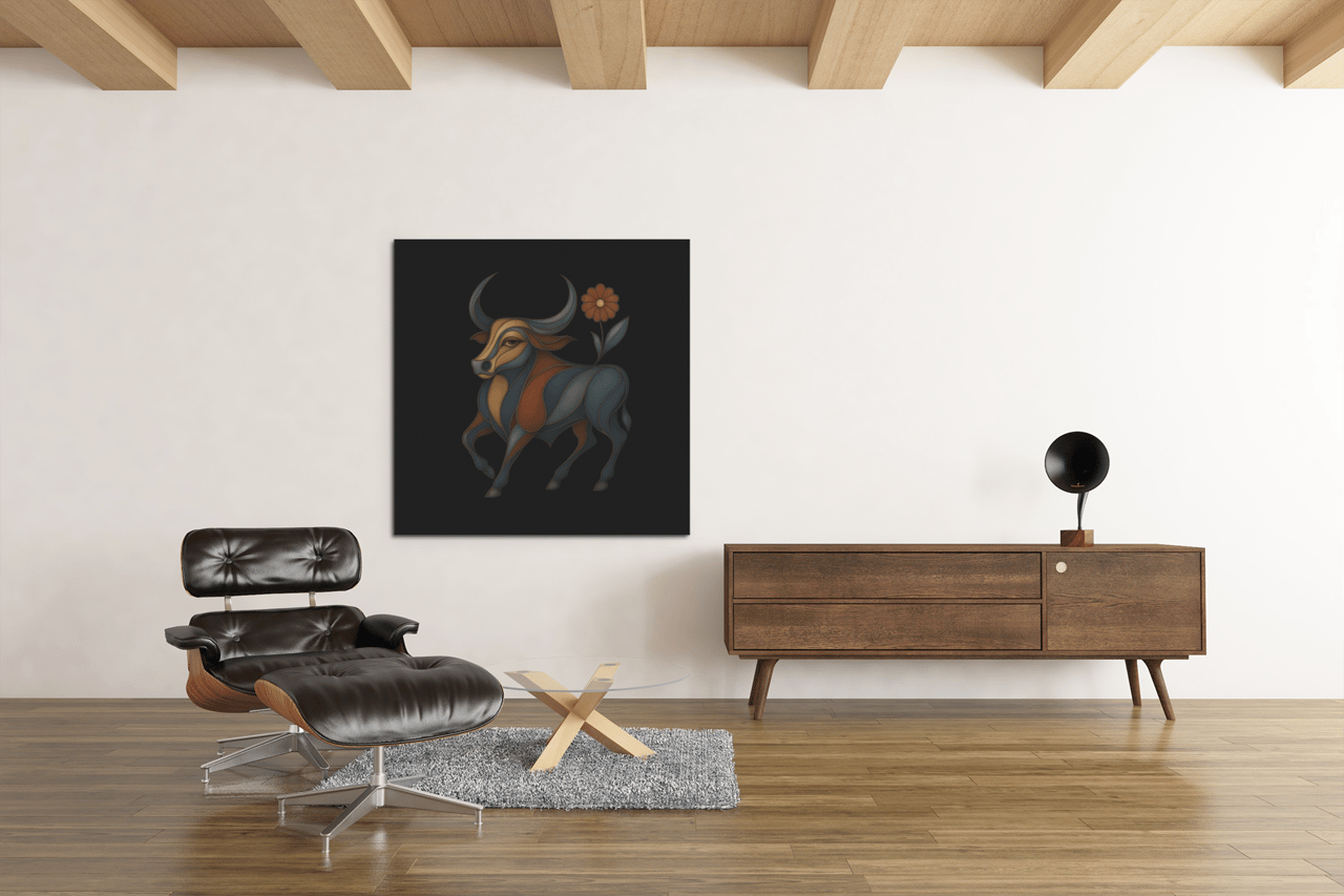 Bull in Bloom  -  Wallart on black canvas