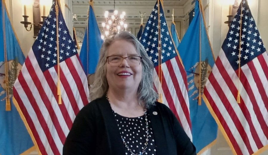 Wendy Pratt in the Blue Room at the State Capitol, 2025