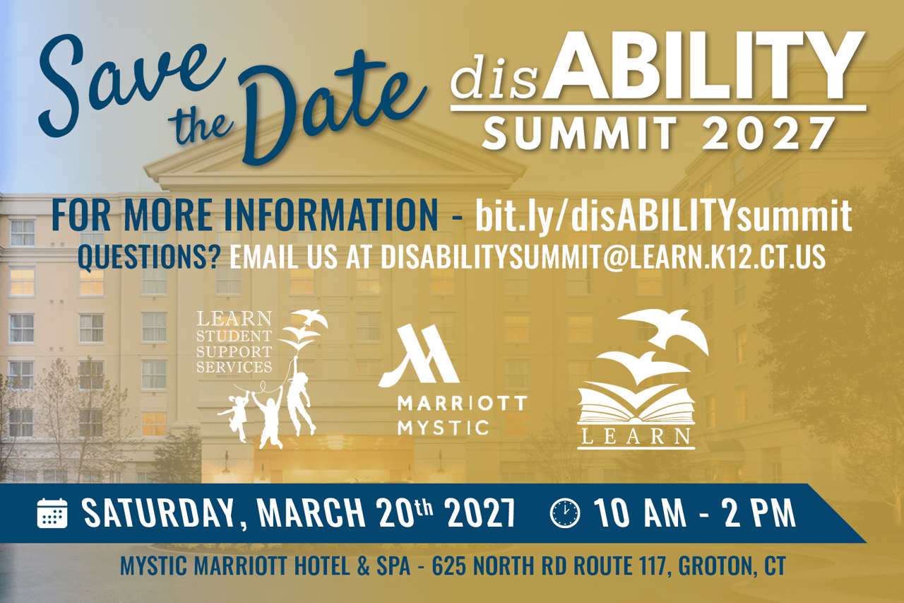 A save the date graphic depicting information for the 2027 learn disability summit happening on Saturday, March 20, 2027 at Mystic Marriott Hotel and Spa in Groton, CT.
