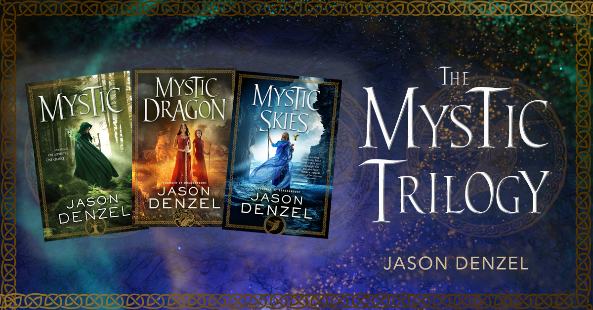 A banner depicting the three colorful book covers to the Mystic Trilogy by Jason Denzel