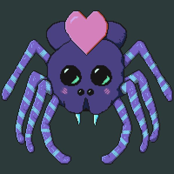 A cute purple pixel-art spider who has a hear over their head.
