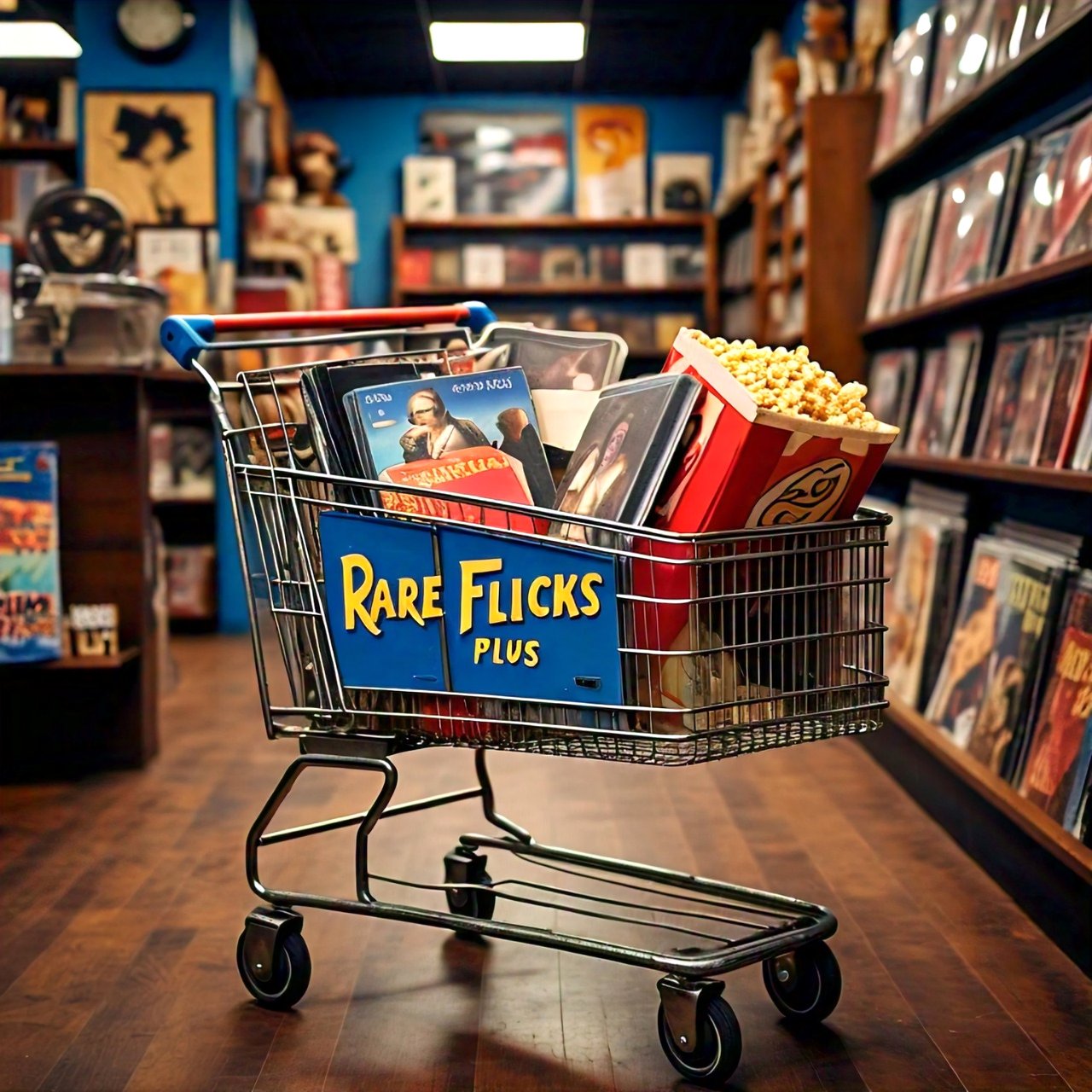 Shopping car with "Rare Flicks Plus!" written on it, inside of a video store