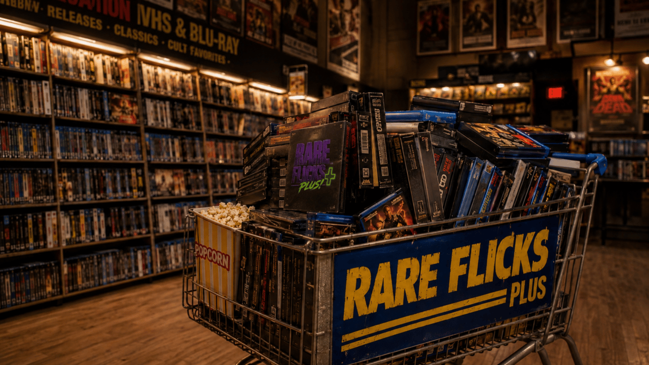 Shopping cart with "Rare Flicks Plus!" written on it, inside of a video store