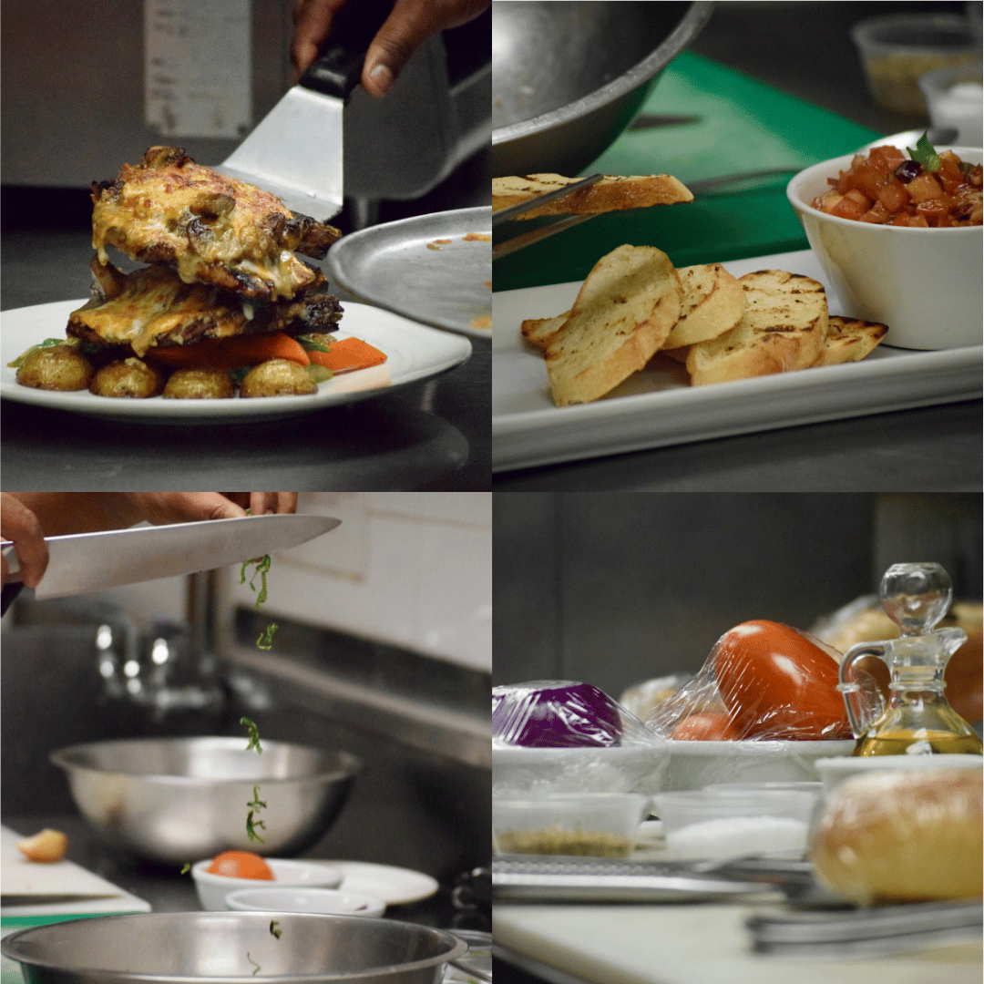 Pictured: A collage of ingredients, and dishes created by our executive chef.