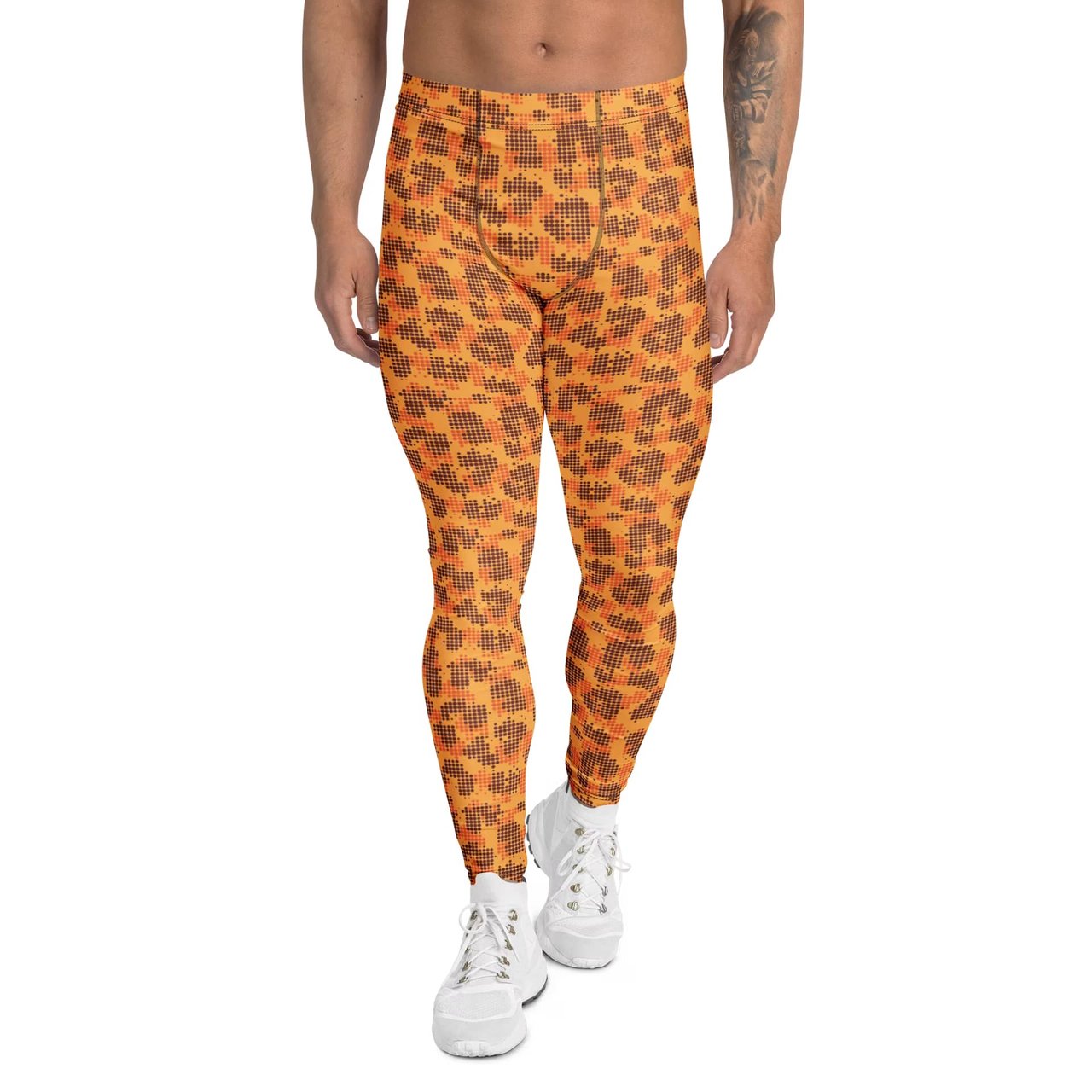 Shop Comfortable Men's Leggings with Bold Pixel Leopard Print. Perfect for workouts or lounging with unique style and superior comfort.