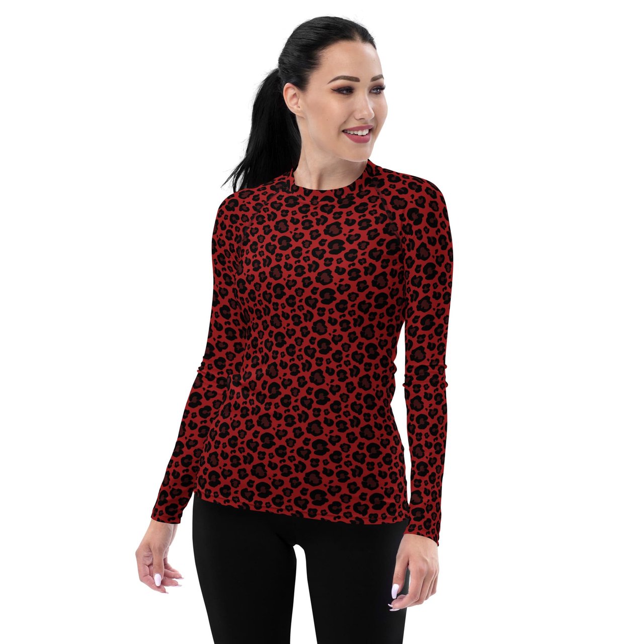 Make a statement in the Bold Red Leopard Print Women's Rash Guard. Enjoy comfort, UV protection, and bold style on your next water adventure!