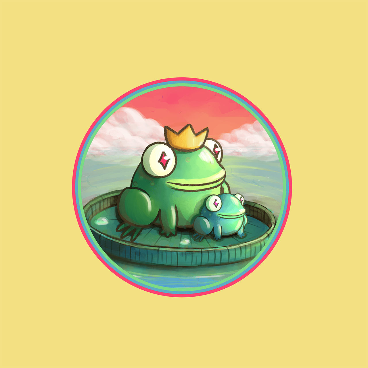 Two adorable cartoon frogs, floating on a lily pad. The larger frog is wearing a crown, the smaller sits slightly in front. They're surrounded by pastel green blue waters, and a pink to orange fluffy clouded sunset.