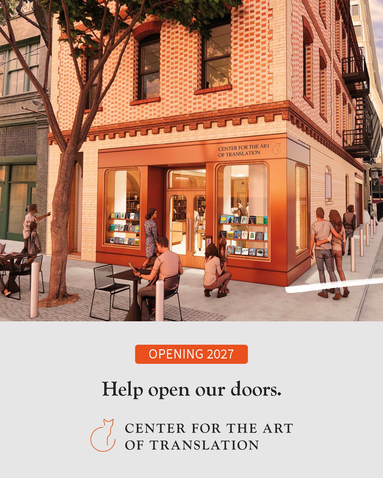 Graphic featuring a rendering of our new building at the corner of Leidesdorff and Commercial in downtown San Francisco. Text reads: Opening 2027, Help open our doors. 
