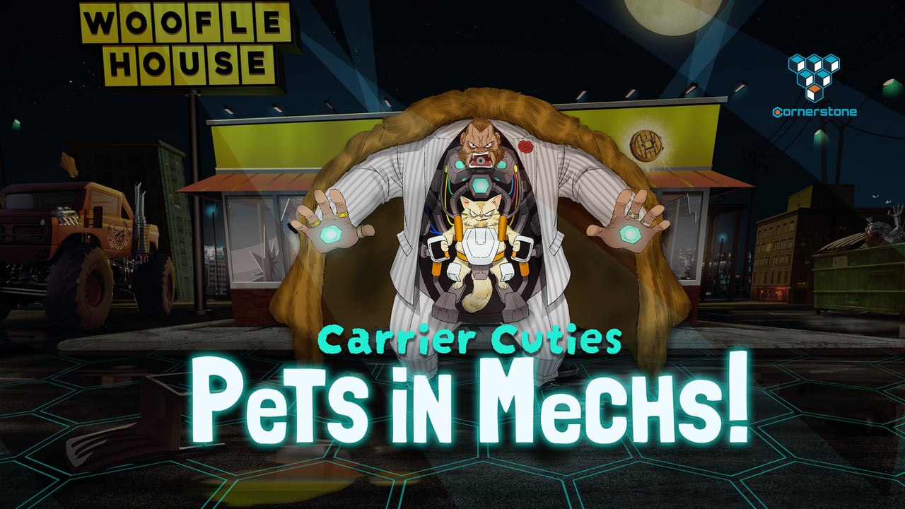 Splash screen for Carrier Cuties with a business man mech with a cat as a pilot.