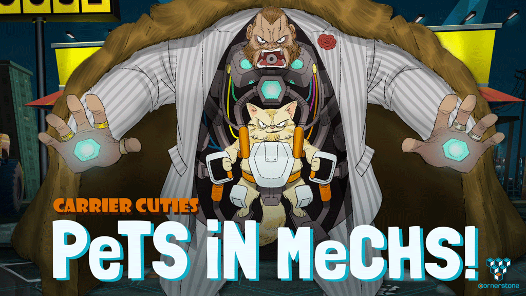 A large business man in a suit who looks like a robot with a cat pilot in his chest.