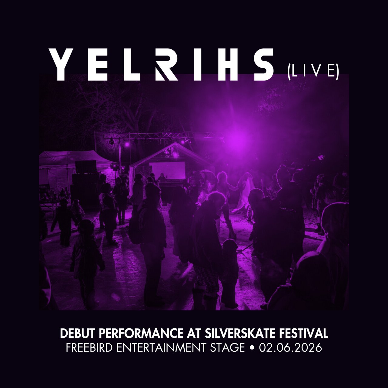 YELRIHS at Live techno performance at winter festival with crowd gathered in outdoor ice rink at Silverskate Festival in Edmonton, Canada 2026