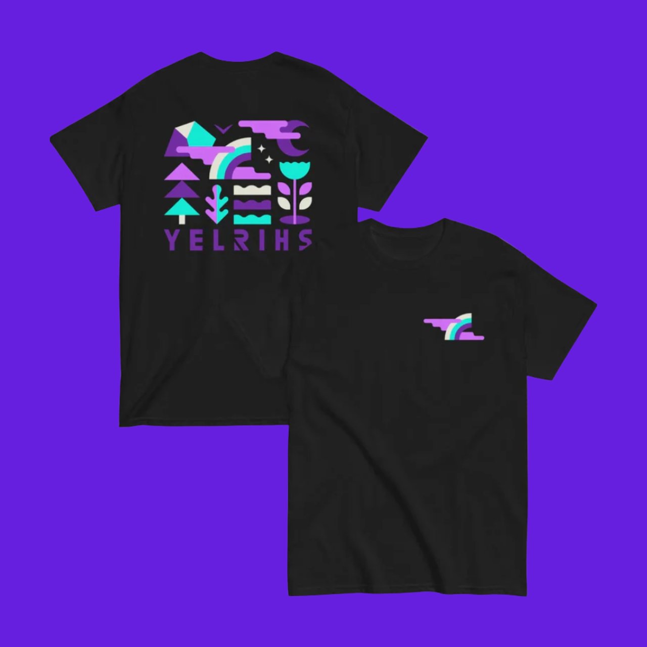 YELRIHS Rainbow logo black t-shirt on a plain purple background