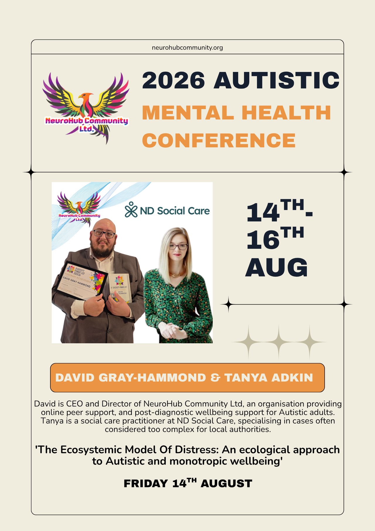 Imade of David Gray-Hammond & Tanya Adkin stating that the conference is August 14th - August 16th