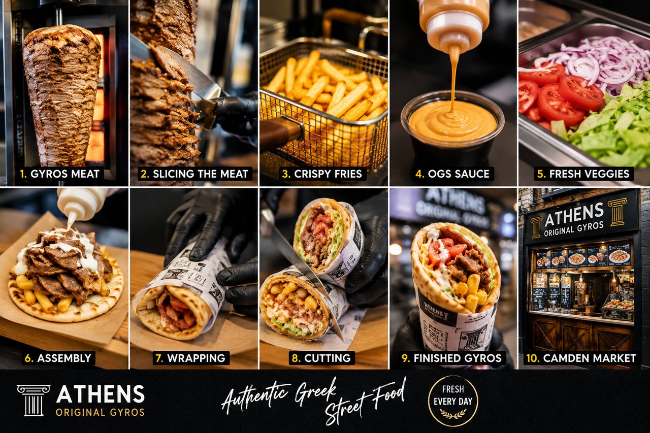 A taste of Greece at Athens Original Gyros, featuring freshly prepared gyros, crispy fries and authentic Greek street food in Camden Market.