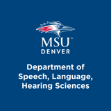 Logo of MSU Denver's Department of Speech, Language, and Hearing Sciences, part of the College of Health and Human Sciences. The logo includes a stylized roadrunner head in red, white, and blue, with text on a dark blue background.