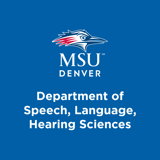 Logo of MSU Denver's Department of Speech, Language, and Hearing Sciences, part of the College of Health and Human Sciences. The logo includes a stylized roadrunner head in red, white, and blue, with text on a dark blue background.