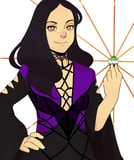 A white, feminie presenting person with long black hair. Her hair flows over one shoulder. She wear a purple and black dress with an intricate neckline. She holds a dice in the color of the aromantic flag. From the dice shoots yellow beams of light. 