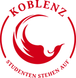 Ein rundes Logo mit einem Phönix in der Mitte drüber steht in Großbuchstaben Koblenz, drunter Studentenstehen auf