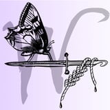 Butterfly sitting on a crochet hook that is partially a sword.